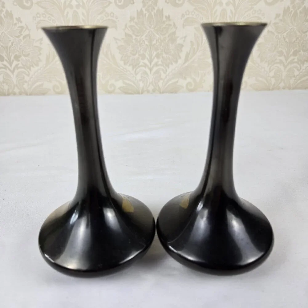 Pair of Japanese Genie Bottle Bud Vases Snow Capped Mt Fuji Village Etching Vtg